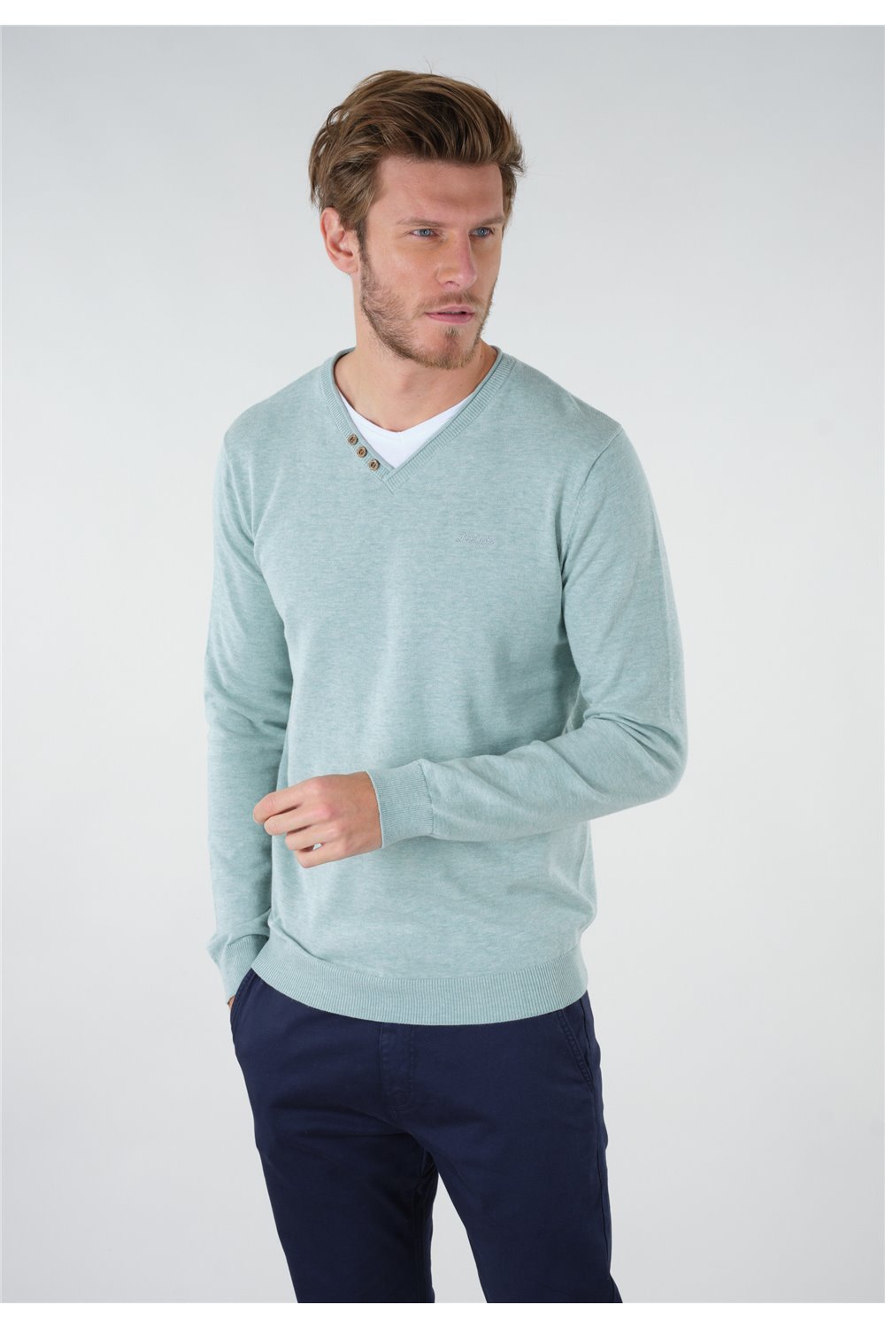 Pull vert d'eau chiné double col V Deeluxe homme